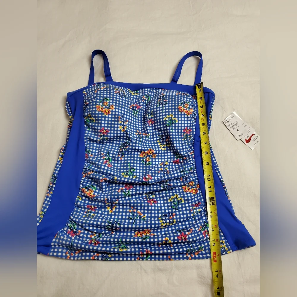 New Lands' End Botanical Check Floral Print Swim Tankini Top Size 6 Classic Boho